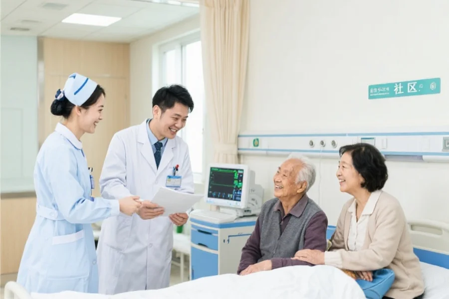 医生和护士在设备先进的社区医院微笑为老人服务，患者家属在旁边安心陪伴